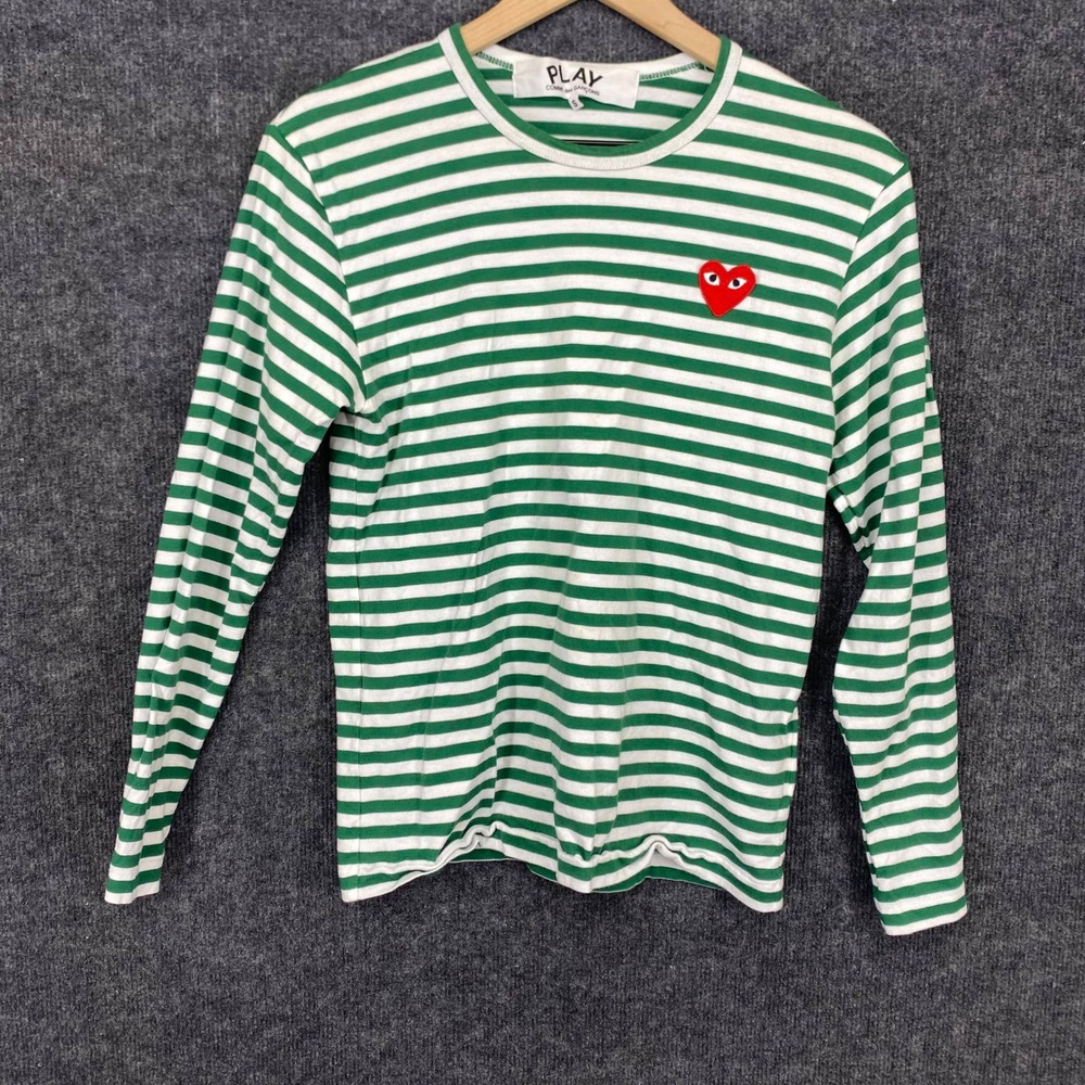 Comme des Garcons Play Green White Striped Long Sleeve Heart Logo Shirt